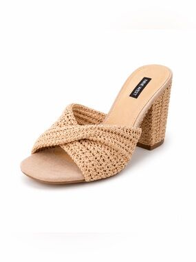Nine West Natural Raffia Twist Slide Mule Block Heel Sandals
